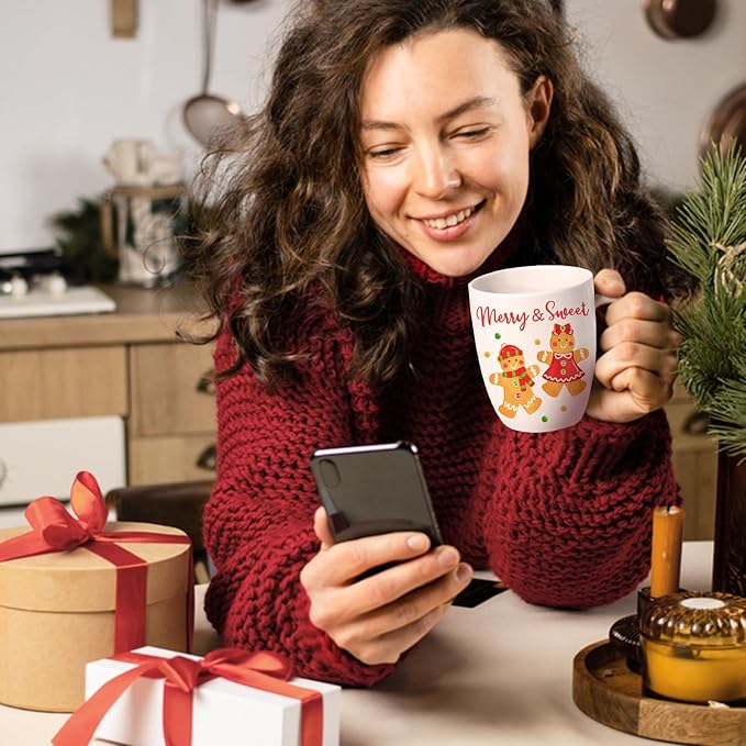 Christmas Gingerbread Man Ceramic Coffee Mug, 13 oz Novelty Xmas Merry and Sweet Tea Cup with Handle, Winter Holiday Gifts for Friends Women Men, Drink Mugs Microwave and Dishwasher Safe