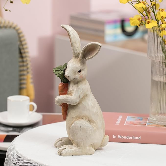 Newman House Studio Standing Rabbit Figurines Home Decoration - Indoor Bunny Statues with Carrots Office Room Decor for Women Table Decor 5.8 L x 5.1 W x 11.7H Inch