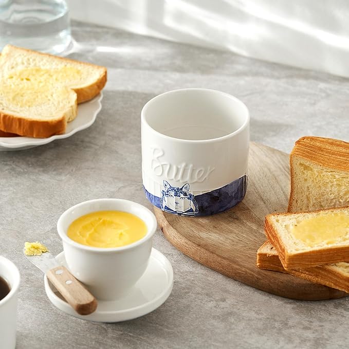 Toptier Butter Crock for Counter With Water Line, On Demand Spreadable Butter, Ceramic Butter Keeper to Leave On Counter, French Butter Dish with Lid (Hottie Cat)