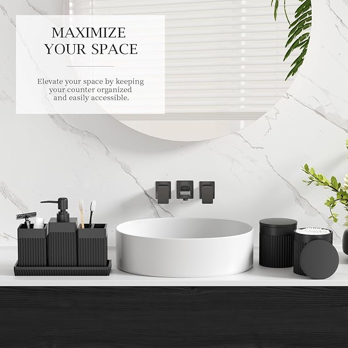 6-Piece Black Bathroom Set - Sleek Resin Organizer with Soap Dispenser, Toothbrush Holder, Vanity Tray, Tumbler & Apothecary Jars for Small Spaces