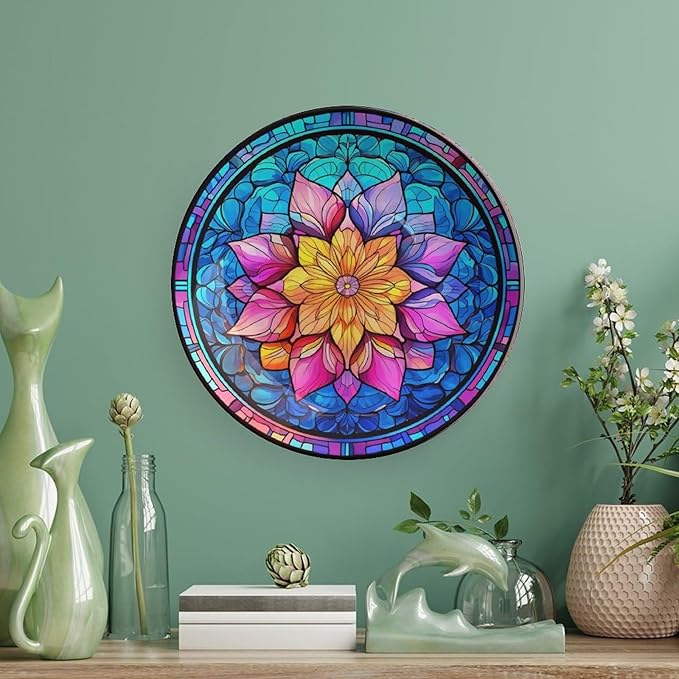 Decorative Plates for Wall Hanging, Boho Flower Stained Glass Design Ceramic Plate w/Display Stand, Home Decor for Kitchen Cabinets, Farmhouse Round Tray 6 Inch, Gift for Family Friends