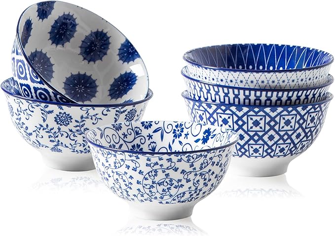 Ceramic Dessert Bowls Set - Small 12 Oz Ice Cream Bowls, 4.75 Inch Cereal Bowls for Snack, Fruit, Dipping Sauce, Side Dishes - Microwave Dishwasher Safe - Set of 6 - Vintage Blue