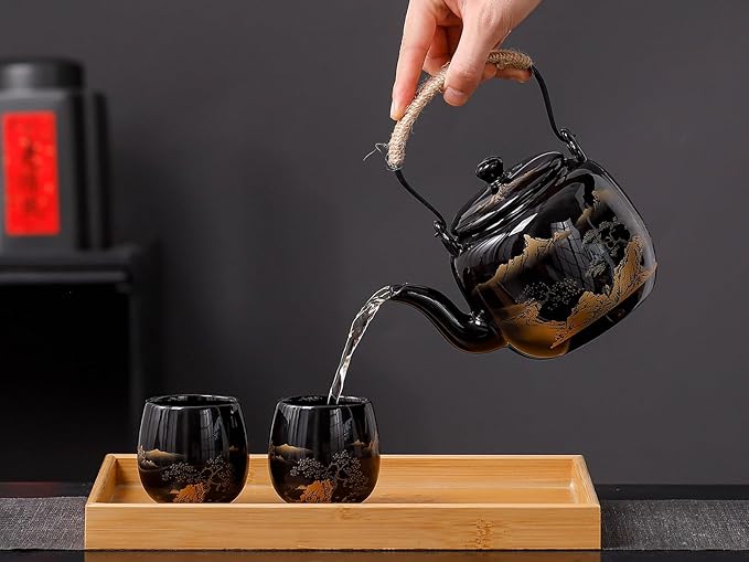 Traditional Japanese tea set, Japanese teapot set, Asian Black glazed tea set with 1 Teapot, 6 Tea cups, 1 Tea strainer, 1 Tea tray (Landscape Black)