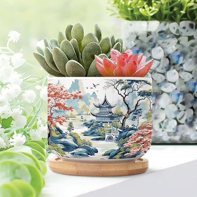 3 Piece Ceramics Planters for Indoor Blue Asia Tiered Tower Coral Pink Flower Small Ceramics Planter Chinoiserie Garden Scenery Succulent Planters Chinoiserie Chic Asian Plant Pot