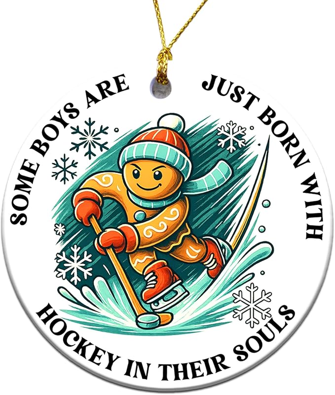 Ice Hockey Christmas Ornament -Round Ceramic 3", Holiday Tree Decoration Keepsake, Hockey Player for Boys