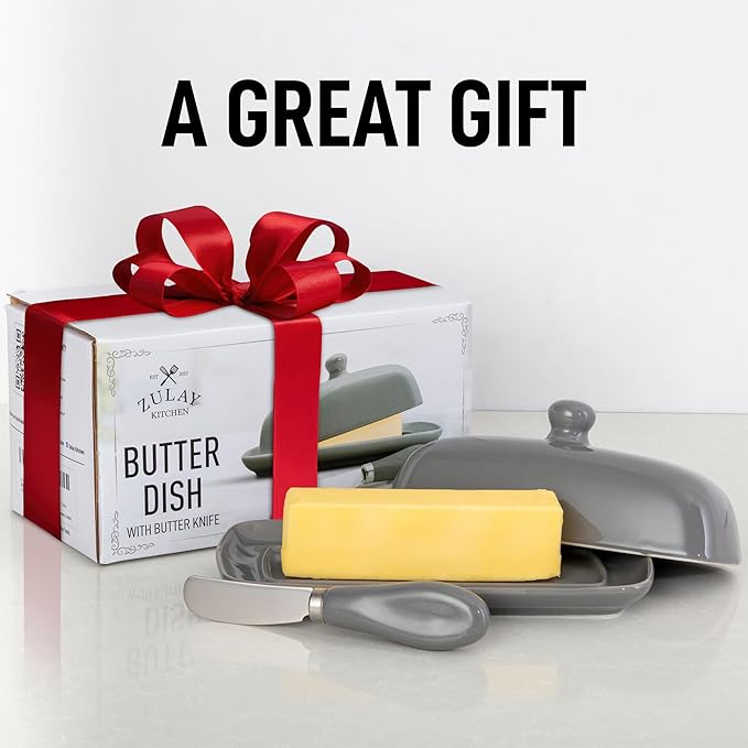 Zulay Butter Dish With Lid For Countertop - Porcelain Gray, Ceramic Butter Dish with Knob Handle Great for Cooking - Elegant Design Butter Holder - Durable & Sturdy Butter Keeper - Gray