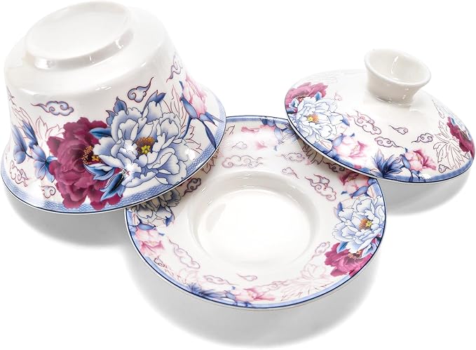 Set of 3 Gaiwan Chinese Tea Cup, 10 Oz Large Porcelain Tea Cup with Lid and Saucer, Traditional Handmade Kungfu Tea Bowl Set for Home Decor Kitchen Coffee, Flower Pattern