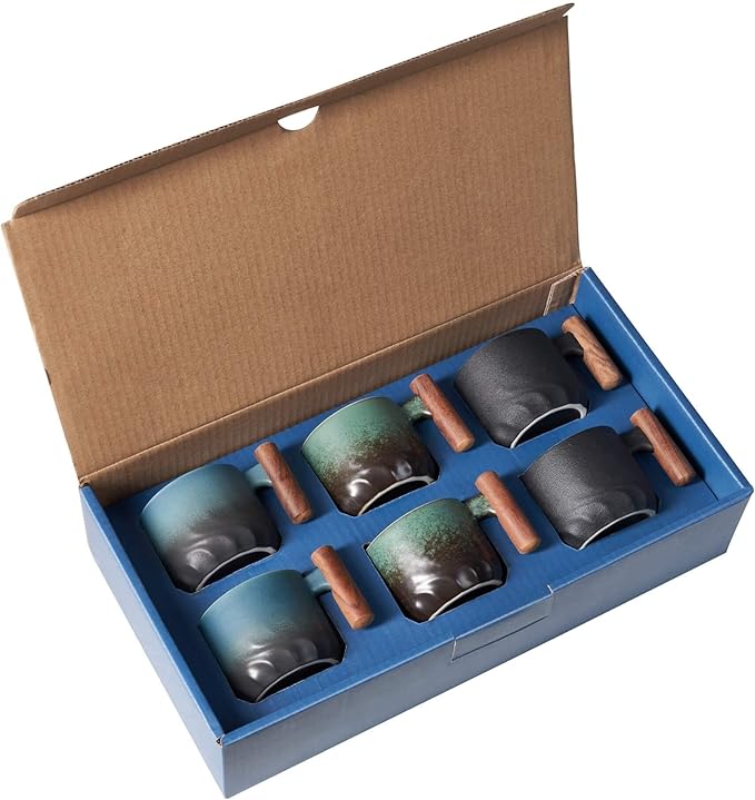 Ceramic Espresso Cups with Wooden Handle Espresso Shot Cups Ceramic Tea Cups Porcelain Demitasse Cups for Coffee or Tea, 2oz (Black-Blue-Green, 6)