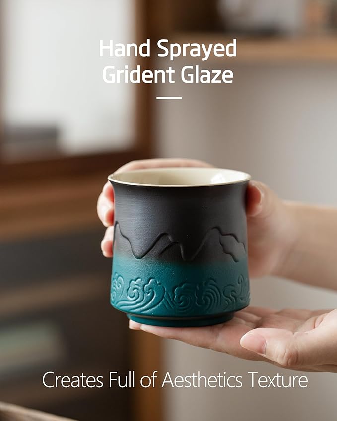 ZENS Japanese Tea Cups Set of 4 - Embossed 8 oz Ceramic Asian Cups for Loose or Matcha Tea - No Handles, Traditional Occupied Japan Style - Dark Green