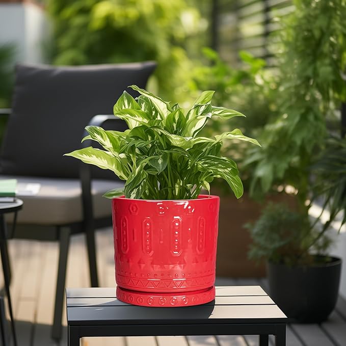 10 Inch Plant Pot, Ceramic Pots for Plants for Indoor Outdoor Plants, Round Planter with Drainage Hole and Tray, Boho Decorative Flower Pots, Front Porch Decor, Gifts for Plant Lovers, Red