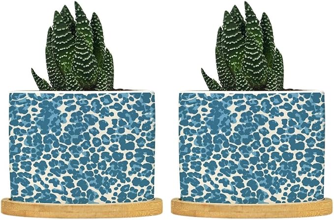 Leopard Blue and Beige Ceramic Planters African Tribal Animal Print Planters for Indoor Plants with Drainage Holes and Saucers Pot for Home Office Desk Garden