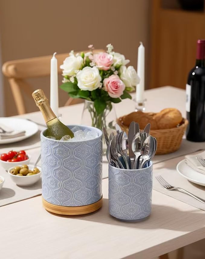 TEATALK Ceramic Utensil Holder Set, 360° Rotating Organizer for Countertop, Farmhouse Vintage Style, Large and Small Crocks in Light Blue，7.7"+5.7", Light Blue