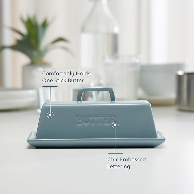 Butter Dish with Lid for Countertop, by Kook, Ceramic Dish Tray with Cover, Kitchen Keeper, Container, Holder (Casper Blue)