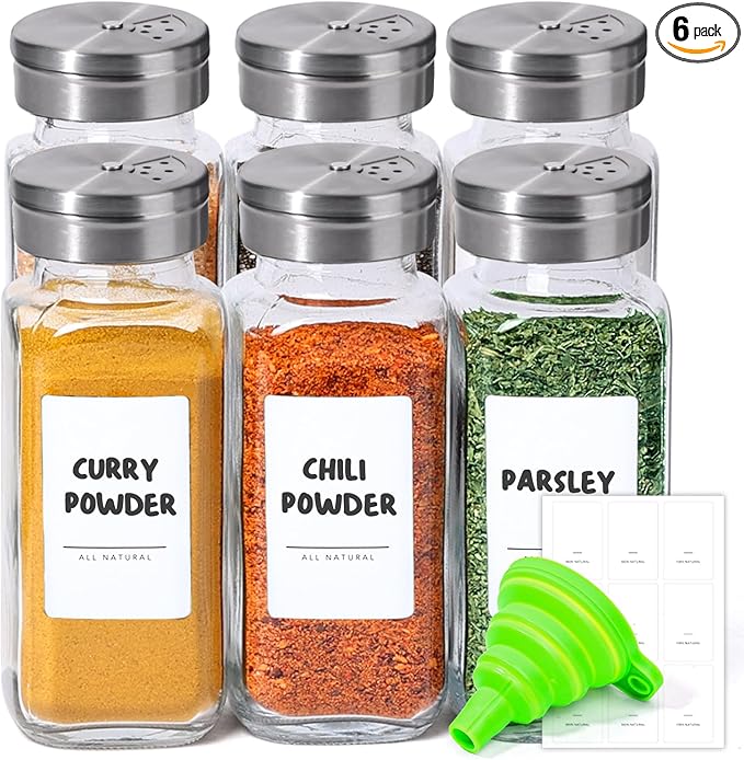ComSaf Spice Jars with Shaker lids Adjustable, 8oz 6PCS，9 DIY Labels, Spice Jars Trial Set & Supplement Set, Empty Ingredient Containers and Square Ingredient Bottles for Kitchen and Seasoning
