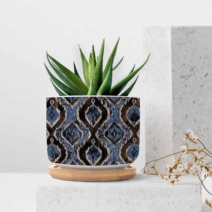 DreamAutumn Indigo Ikat Abstract Blue Ceramic Pots for Plants with Drainage Holes Round Flower Pot Bamboo Tray Orchid Pot Succulents Pots for Outdoor Indoor Plants,Housewarming Gifts