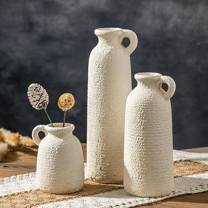 Rustic White Ceramic Vase Set, Flower Vases for Home Decoration, Farmhouse Decor, Living Room Kitchen Table Centerpieces, Shelf, Mantel, Fireplace and Entrance Decorations