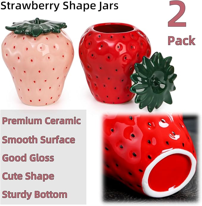 2 Pack Strawberry Storage Jars, 14 OZ Ceramic Cookie Containers with Airtight Lids, Cute Sugar Canisters Set, Candy and Coffee Bean Jar for Flour Nut Tea Spices Grains, Kitchen Farmhouse Decor