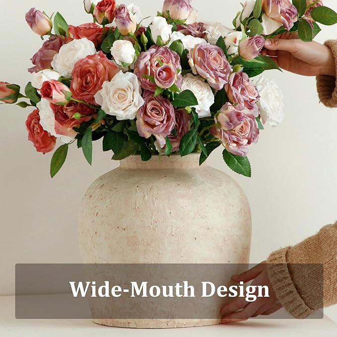 Large Ceramic Vase, 11" Rustic Farmhouse Terracotta Vase for Home Decor, Artisan Decorative Flower Vase for Living Room, Table Centerpiece, Bedroom (Terracotta Beige)