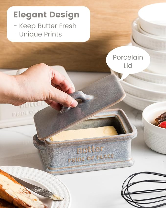 Butter Dish with Lid, Ceramic Butter Holder Container Large Butter Dish for Countertop Farmhouse Mother's Day Kitchen Decor Butter Keeper for East West Coast Butter, Gray