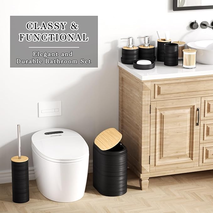 Black Bathroom Set - 10PC Bathroom Accessories Set, Luxury Bathroom Accessory Set with Trash Can,Toilet Brush & 2 PC Soap Dispensers for Apartment Decor and Housewarming