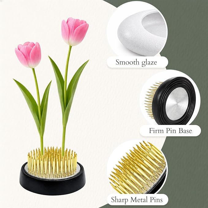 Japanese Flower Frog Vase Set – Minimalist White Ceramic Flower Vase with Flower Frog, Modern Flower Arrangement Pot for Living Room Decor & Art Supplies, Gift Box for Flower Lover