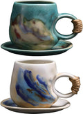 8oz Handmade Ceramic Tea Cup and Saucer set of 2, Small Artisanal Mug with saucer set , Lead-Free Latte Art Mug, Handcrafted Pottery tea mug with handle, Matching and Couple cups (White+Green set )