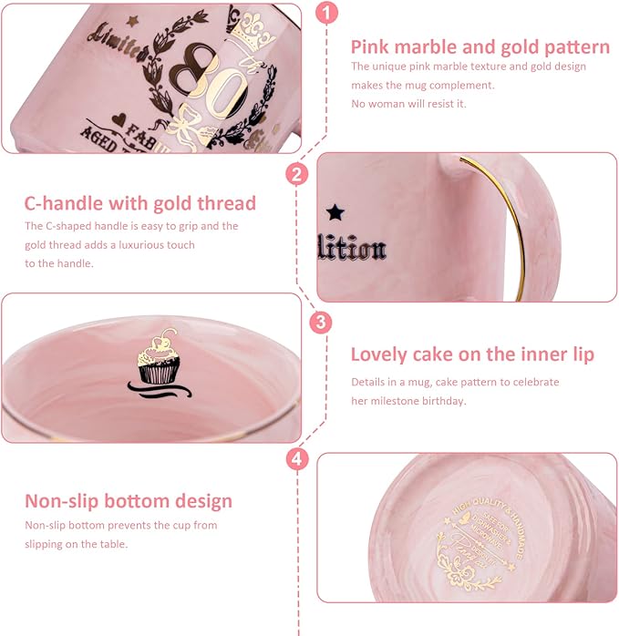 Biching 80th Birthday Gifts for Women, 14oz Pink Coffee Mug with Gold Pattern, Best Gifts for 80 Year Old Grandma, Mom, Sister, Friend, Fabulous 80 Limited Edition, 1946 Birthday Gifts for Women