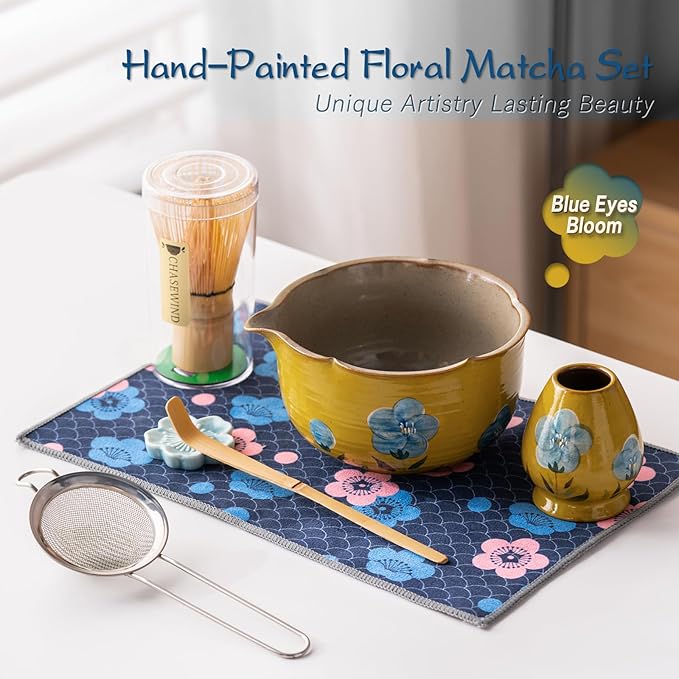 Matcha Whisk Set, 7Pcs Matcha Set with Hand-Painted Ceramic Matcha Bowl, Matcha Whisk and Holder, Scoop and Rest, Sifter, Tea Towel, Artisan Matcha Kit for Ceremony & Gifting (Yellow)