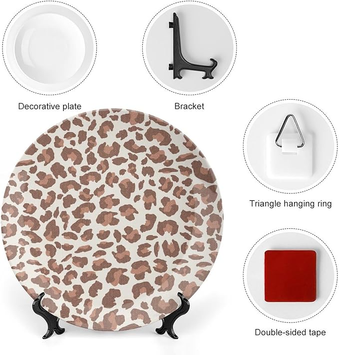 Ceramic Decorative Plate Leopard Animal Print Brown And Gray Custom Decor for Display Farmhouse Wall Club Ceramic Display Plate 1 Plate with 1 Display Stand, Multi Sizes, Gifts for Men Women