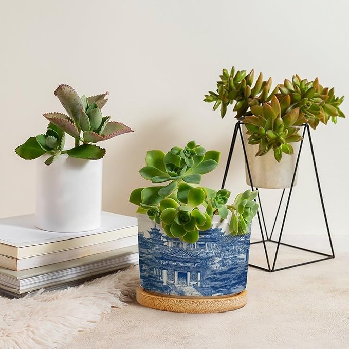 Planters Ceramic Chinoiserie Blue And White Porcelain Pattern Ceramic Pots with Drainage Holes Round Flowerpot Bamboo Tray Plant Pots for Succuelnt And Little Snake Plants Pots for Nana Grandma