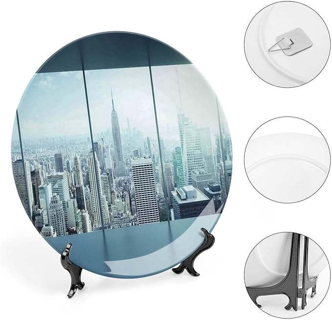 XISUNYA 6 Inch Decorative Plate, House Decor Ceramic Plate, View Modern City from Office New York Urban Life Theme Print Ceramic Wall Hanging for Home & Office Wall Hanging Decor