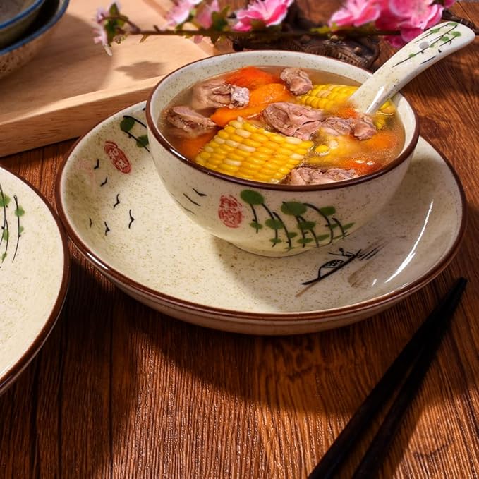 4-Piece Ceramic Dinnerware Set, Plate, Dish, Bowl, Spoon, Japanese Hand-painted Tableware set, A Good Tableware