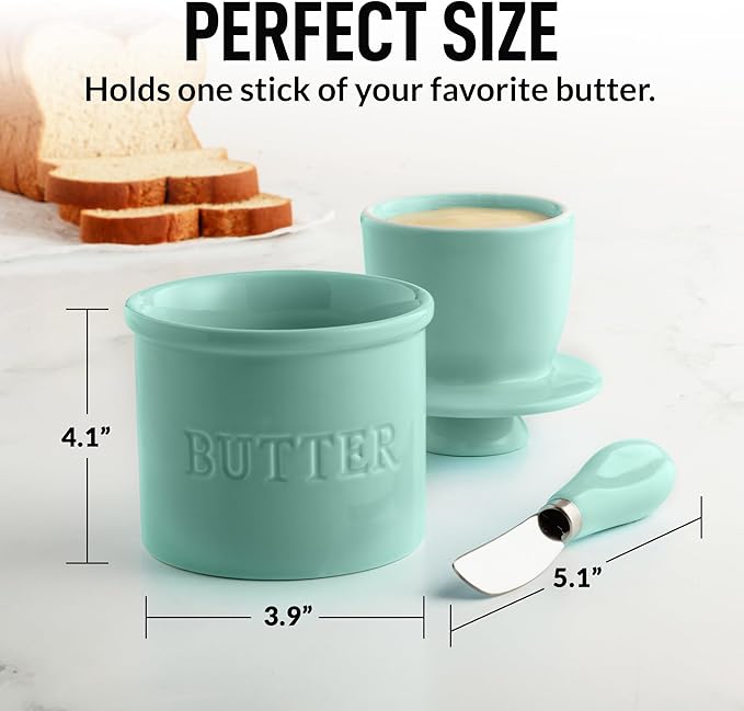 Zulay Kitchen Bell Shaped Butter Crock with Lid for Countertop with Water Line & Spreader Knife, Ceramic French Butter Dish Keeper For Fresh, Soft & Spreadable Butter - Mint