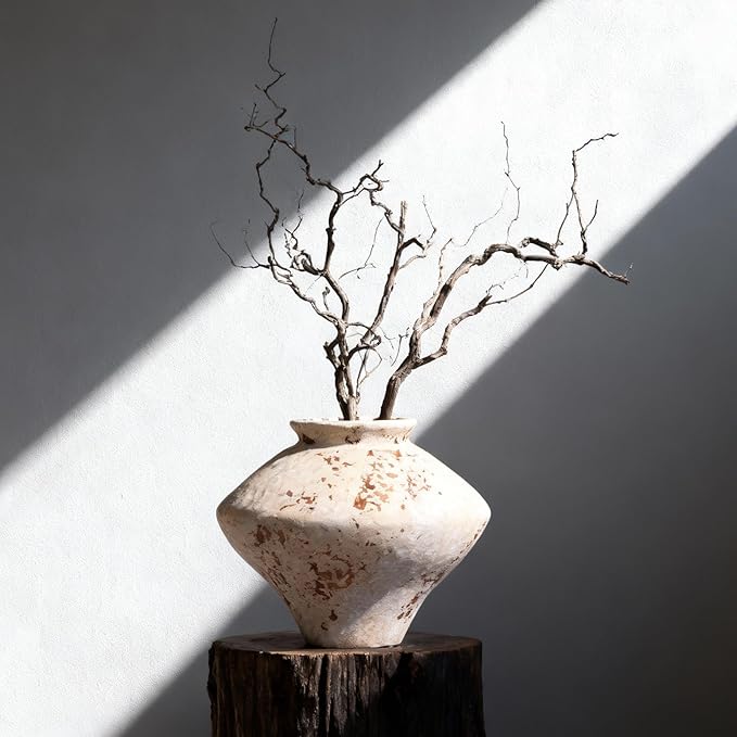 Whitewashed Terracotta Ceramic Vase 6.7", Small Rustic Farmhouse Pottery Vase with Wide Mouth, Watertight Flower Vase for Fresh Flowers & Pampas Grass, Table Centerpiece Shelf Decor