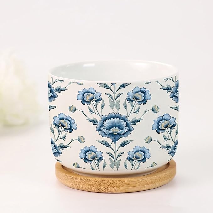 3 Piece Ceramics Planter Mughal Flower Small Pots for Succulents Chinoiserie Blue Floral Cactus Pot for Indoor Asian Scenery Chinoiserie Plant Pot with Drainage Holes
