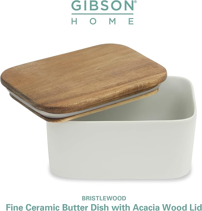 Gibson Home Bristlewood Rectangular Ceramic Butter Keeper with Acacia Wood Lid, Modern Farmhouse Butter Dish, Glazed Stoneware Storage for Kitchen Countertop or Table