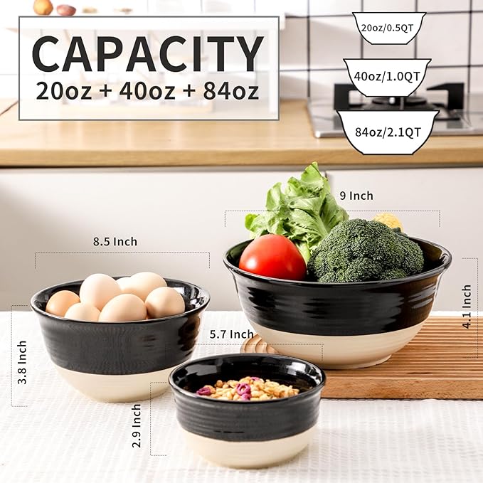 HASENSE Porcelain Mixing Bowls for Kitchen, 84/40/20 Oz Large Salad Serving Bowls Set of 3, Unique Thanksgiving Bowls Set for Entertaining Cooking Baking Serving Food, Nesting Bowls, Black