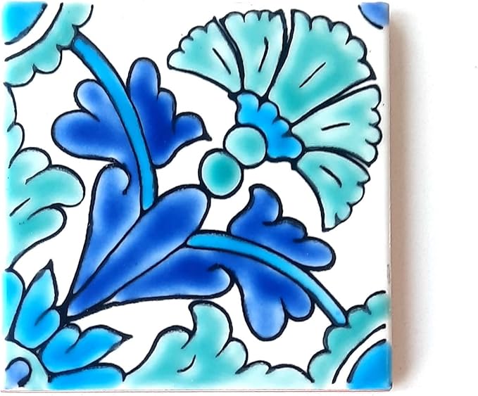 DŸARI Decorative Ceramic Tiles – Hand Painted Indoor & Outdoor Floor Tiles – Spanish Artisan Tile Top Kitchen – Mediterranean Decorative Tiles 4” × 4” – Durable Colorful Floor Tiles – 140 g (Eau V 10)