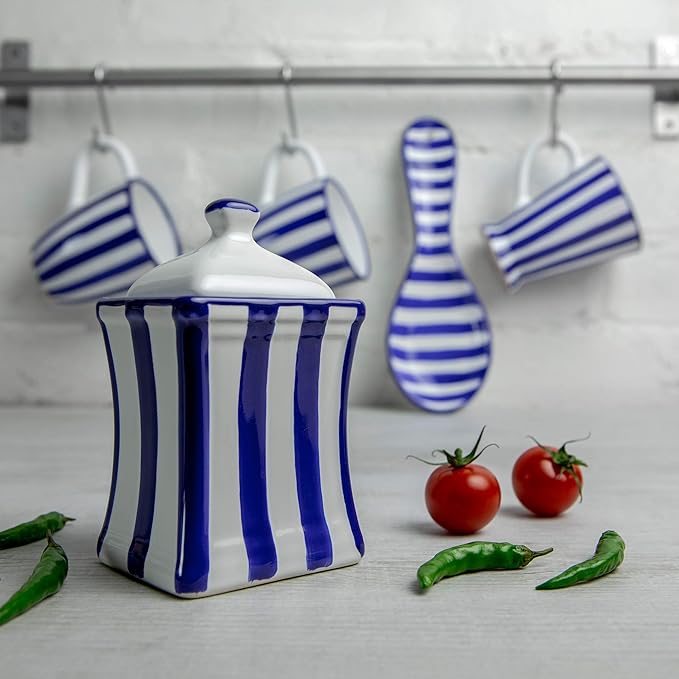 City to Cottage Handmade Small 5.3oz/150ml Ceramic Kitchen Herb, Spice, Storage Jar with Lid, Pottery Canister, Housewarming Gift (Navy Blue Stripe Coastal)