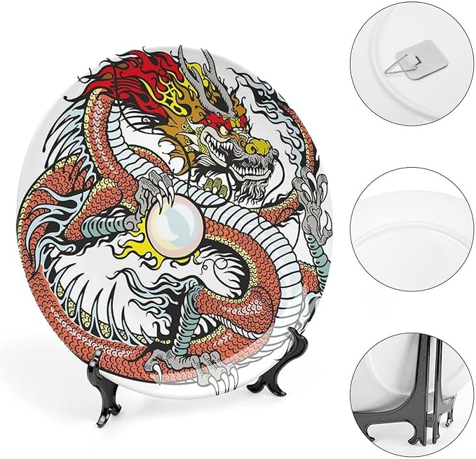 XISUNYA 7 Inch Decorative Plate, Dragon Tableware Plate, Traditional Chinese Creature Holding Pearl Zodiac Print Ceramic Wall Hanging for Home & Office Wall Hanging Decor