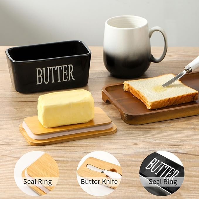 Hasense Butter Dish with Lid, Ceramic Butter Dish with Knife for Countertop, Airtight Covered Butter Keeper Container, Large Black Butter Holder for Refrigerator,Black