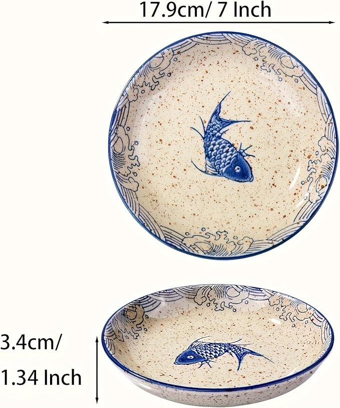 7 Inch Japanese Retro Ceramic Dinner Plates Set of 4 Asian-Inspired Dinnerware with Unique Hand-Painted Patterns, Microwave & Dishwasher Safe