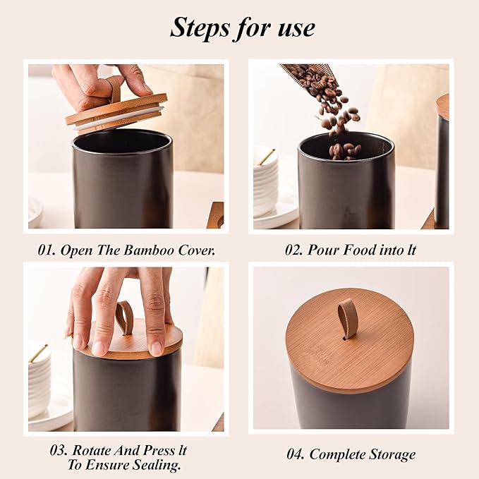 Black Ceramic Canister Set of 2 with Bamboo Lids, Wooden Stand & Spoons – 35oz & 28oz Airtight Food Storage Jars for Coffee, Sugar, Tea, Kitchen Counter Organizer