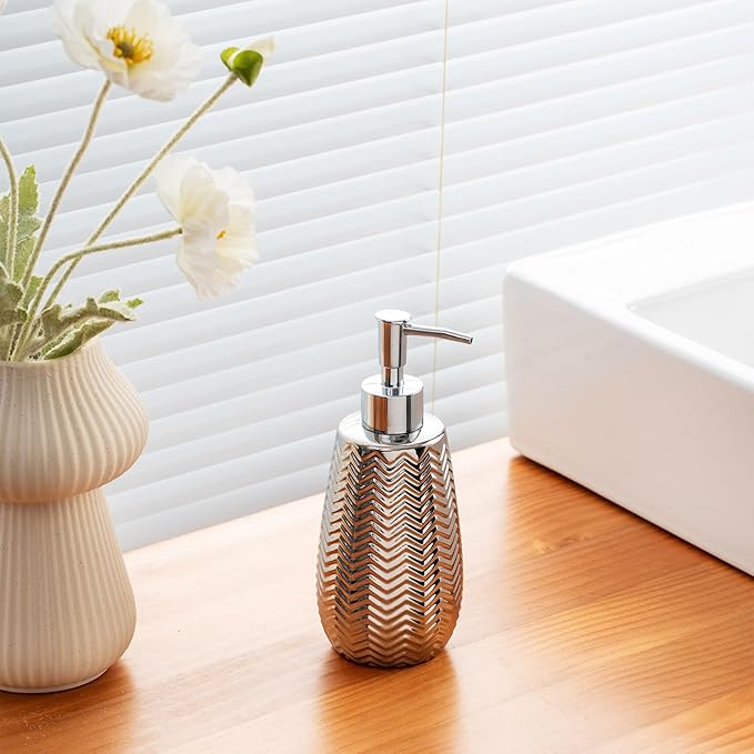 Silver Soap Dispenser,Wavy Design Ceramic Lotion Soap Dispenser for Bathroom, Kitchen, Hand Soap, Dish Soap, Bathroom Decor