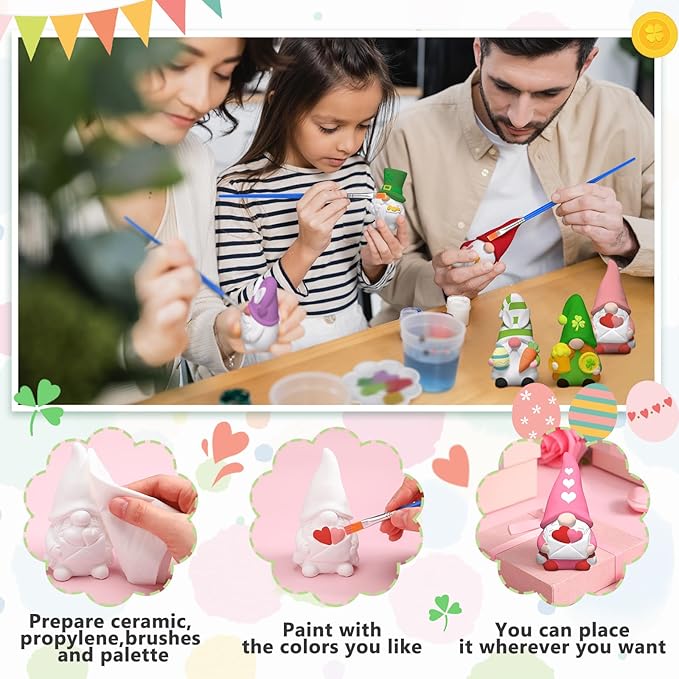 VioraWhite 6 Pcs Easter Gnome Ceramics to Paint Galentines Crafts Seasonal Holiday Ready to Paint Your Own Gnome Statues 4'' Mini Unpainted St. Patrick's Day Valentine Ceramics Figurines to Painting