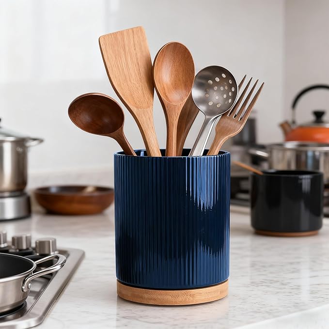 QUELIEN Utensil Holder, 360° Rotating Ceramic Kitchen Utensil Holder for Countertop, 7.7" Utensil Crock for Kitchen Counter with Rotatable Wooden Base,Ideal Housewarming Gift & Mothers Day Gift