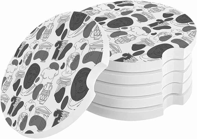 Modern Abstract Car Coasters Pack of 6 Grey Classical Ancient Greek Sculptural Heads Absorbent Ceramic Car Cup Holder Coaster Insert Drink Holder SUV Interior Accessory with Finger Notch