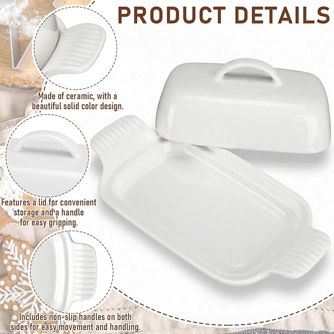 Qinyoung Ceramic Butter Dish with Lid for Countertop Extra Large Elegant Butter Dish Tray with Handle Durable Heavyweight Glazed Ceramic Kitchen Container Keeper Non-slip Base Minimalist(White)