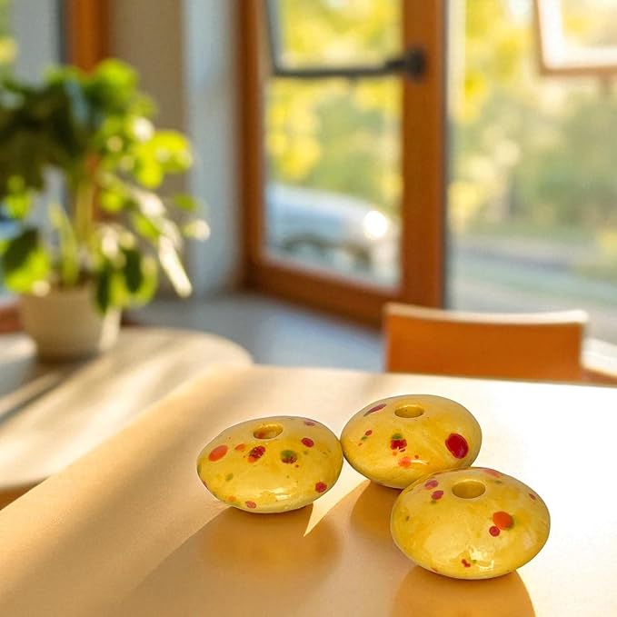Yellow, Sunny Dots Candle Holder for 5mm Thin Beeswax Candles | Handcrafted Ceramic | Minimalist Double-Fired Taper Stand - Limited Edition (3 Candle Holders)