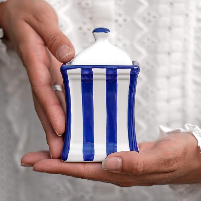 City to Cottage Handmade Small 5.3oz/150ml Ceramic Kitchen Herb, Spice, Storage Jar with Lid, Pottery Canister, Housewarming Gift (Navy Blue Stripe Coastal)